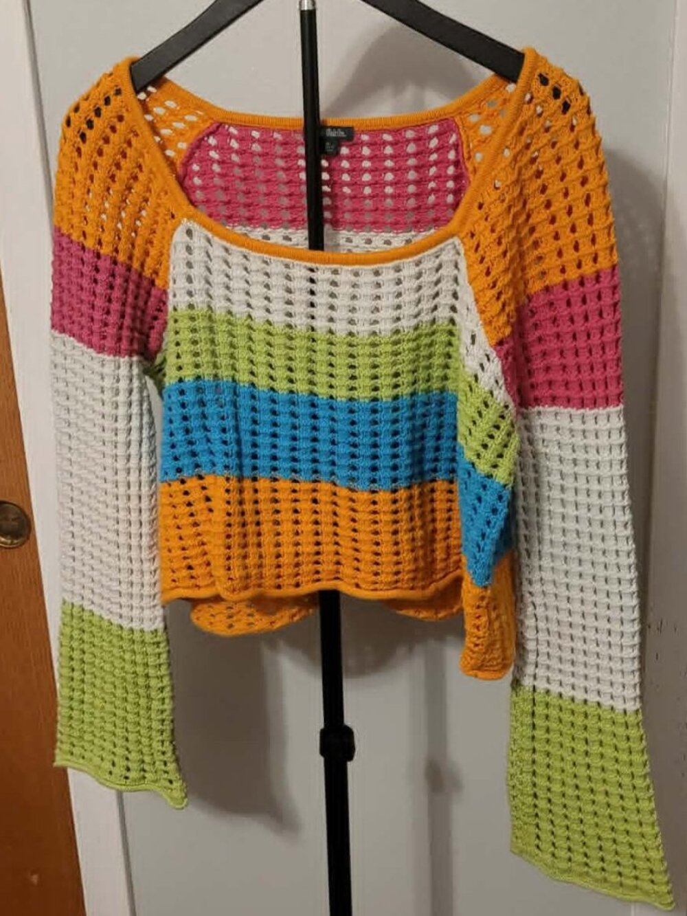Wild Fable Crochet Sweater XL Colorblock Open Knit Bell Sleeve Boho Lightweight